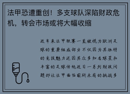 法甲恐遭重创！多支球队深陷财政危机，转会市场或将大幅收缩