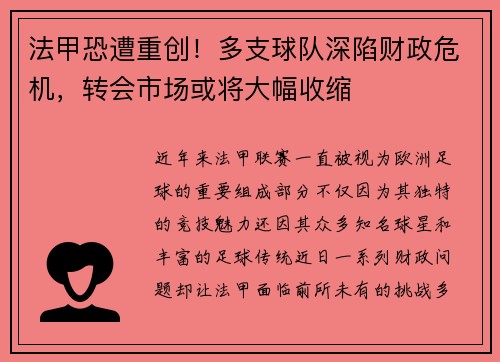 法甲恐遭重创！多支球队深陷财政危机，转会市场或将大幅收缩